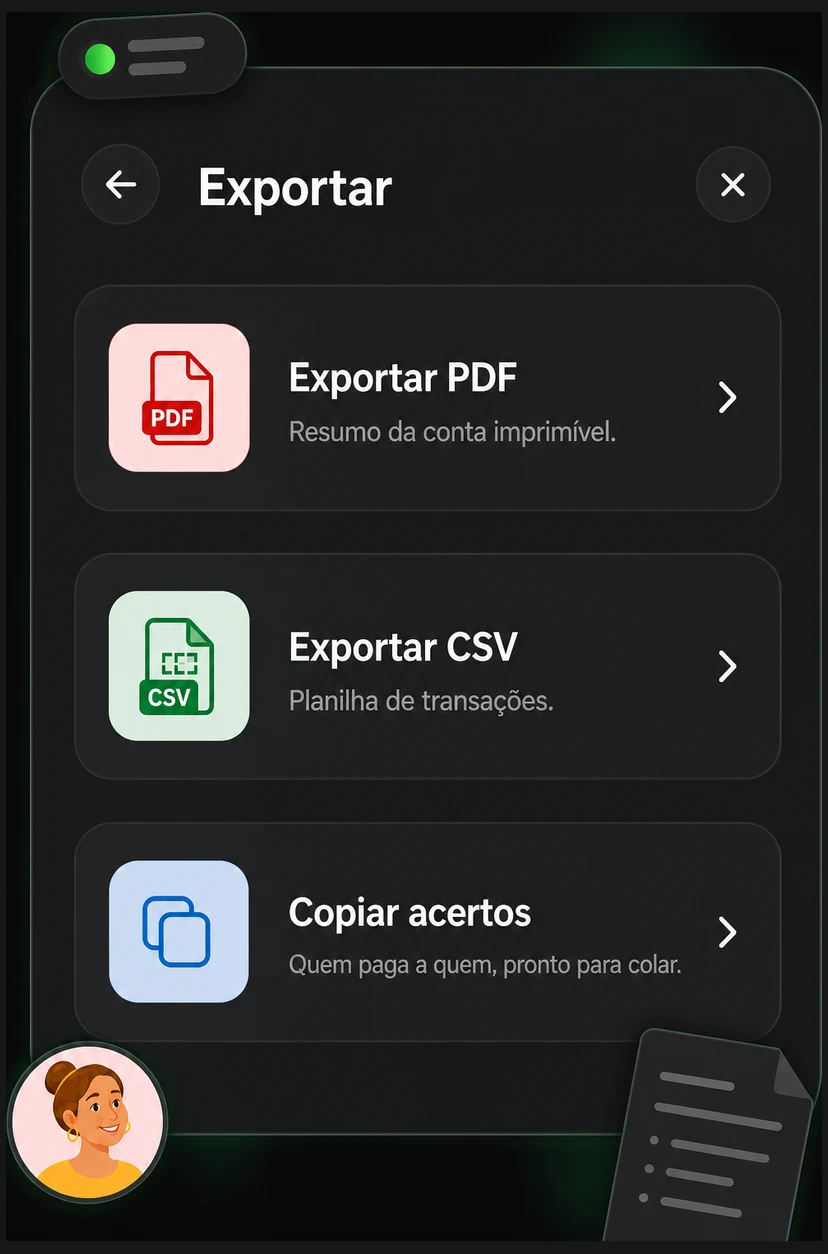 Export menu offering PDF, spreadsheet, and copying the settlements