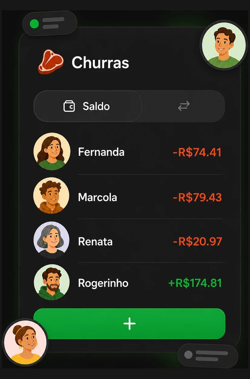Bill screen showing four friends and how much each one owes or is owed