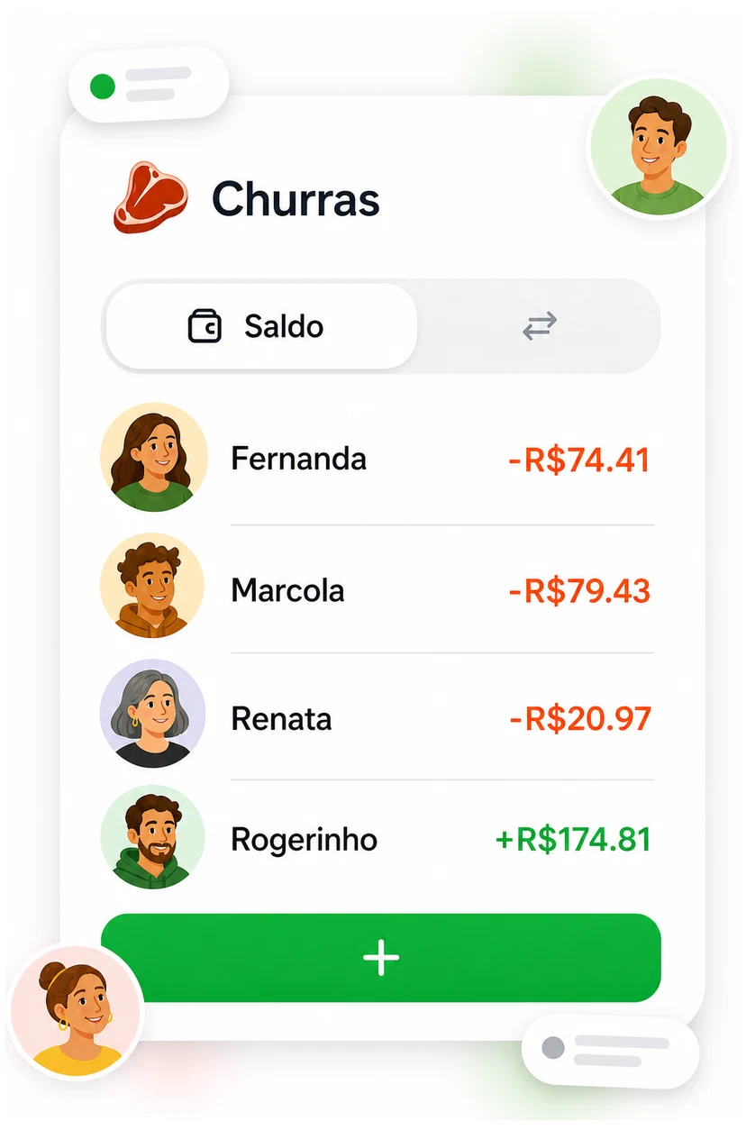 Bill screen showing four friends and how much each one owes or is owed