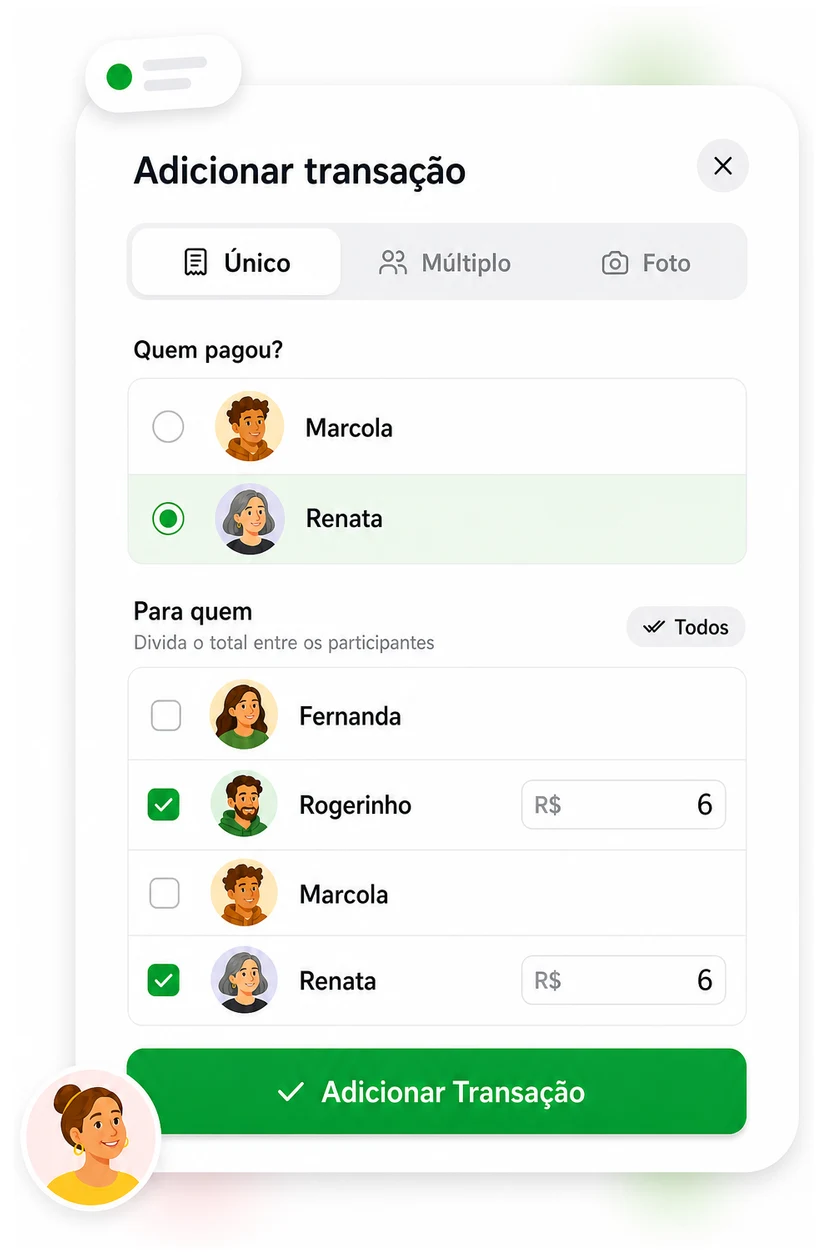 Add expense form with one person selected as the payer and two people checked to share the cost